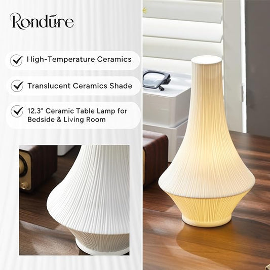 RONDURE 12.3" Modern Ceramic Table Lamp, Modern Bedside Lamps for Bedroom, Living Room and Nightstand, White Translucent Ceramic Shade, Warm Ambient Lighting, Home Decor