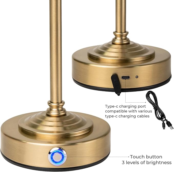 Rechargeable Cordless Table Lamp: Battery Powered Lamp,3 Level Brightness - Bedside Night Lamp, Ambient Light for Restaurant, Home, Bedroom, Dining Room, Camping, Cafe(Brass)