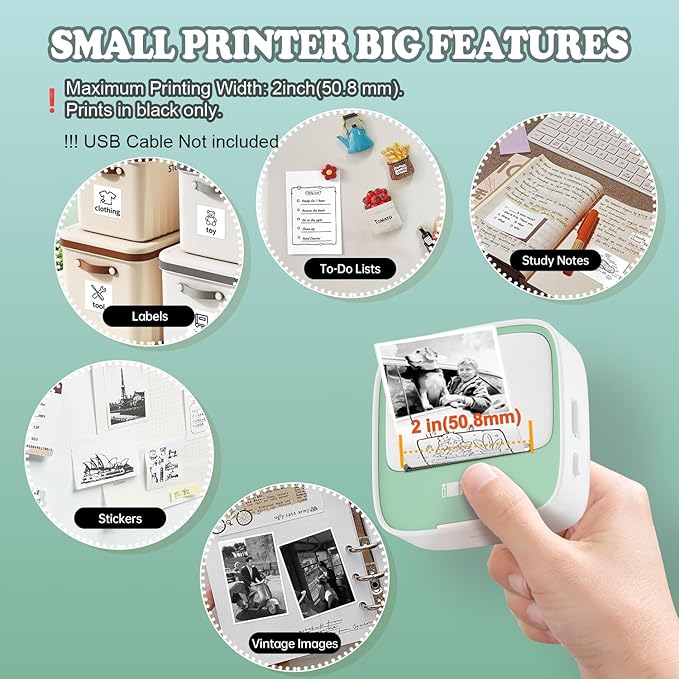 iDPRT Mini Sticker Printer - S1 Portable Sticker Maker Machine with 1 Roll Sticker Paper, Bluetooth Print Pods Pocket Printer for Study Notes, Graphics, Students, Kids Gift, Free App, Green