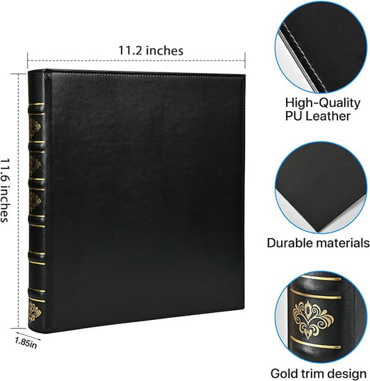 Vintage Hardback 3 Ring Binder 1 Inch, Professional Leather Binder 3 Ring, Three Ring Binders Fits 8.5" x 11", D Ring Binders for Photo Album, Home, School and Office Supplies- Black