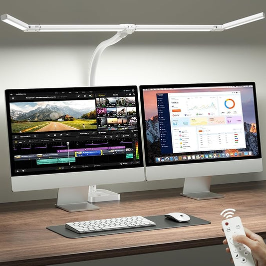42" LED Desk Lamp for Home Office, Eye-Caring Desk Light with Adjustable 4-Segment Bar, 1800LM Bright, Remote, Architect Table Lamp with Base for Dual Monitors, Reading, Study, Workbench(White)