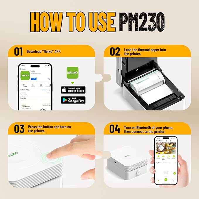 Nelko Sticker Printer, PM230 Print Pod Mini Bluetooth Portabel Sticker Maker with 3 Rolls Paper, Print Pods Mini Printer with Multiple Templates for Phone & Tablet，for School Office Home, White