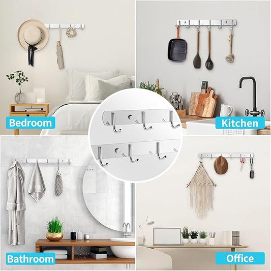 Coat Rack Wall Mount, (2-Pack) 6 Hooks for Hanging, Stainless Steel Wall Hooks