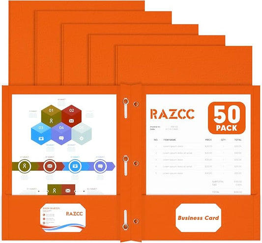 Two Pocket Folders, RAZCC 50 Pack Two Pocket Folders with Prongs, 3 Prong Folders Fit Letter Size Paper, Pocket File Folders for School Office Home Business, Orange