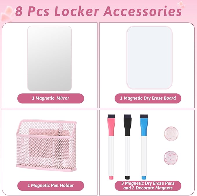 HAUTOCO Locker Accessories for Girls 8PCS Pink Locker Decoration Organizer Supplies with Magnetic Whiteboard, Magnetic Mirror, Pen Holder, Dry Erase Markers and Magnets, Back to School Essentials