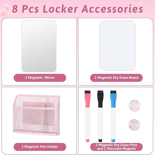 HAUTOCO Locker Accessories for Girls 8PCS Pink Locker Decoration Organizer Supplies with Magnetic Whiteboard, Magnetic Mirror, Pen Holder, Dry Erase Markers and Magnets, Back to School Essentials