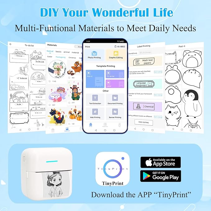 Mini Portable Printer, Inkless Sticker Printer with 12 Rolls Paper, Thermal for Notes/Photos/Stickers/Labels/Receipts, Compatible with iPhone, Android Phone & Tablet, White