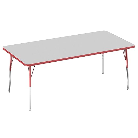 FDP Rectangle Activity School and Office Table (36 x 72 inch), Standard Legs with Swivel Glides, Adjustable Height 19-30 inches - Gray Top and Red Edge