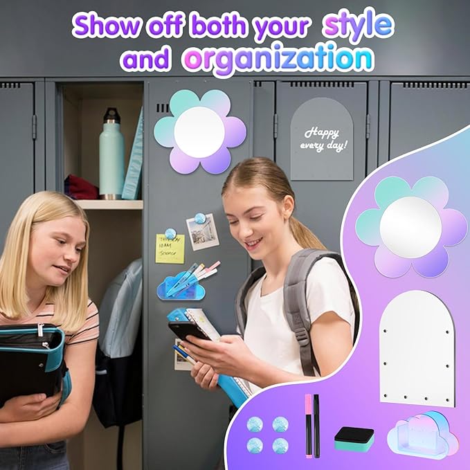 MoKo Locker Accessories Set, 5 in 1 Back to School Supplies College Essentials Includes Magnetic Acrylic Board, Locker Mirror, Markers Holder, Marker Pens and Locker Magnets, Flower