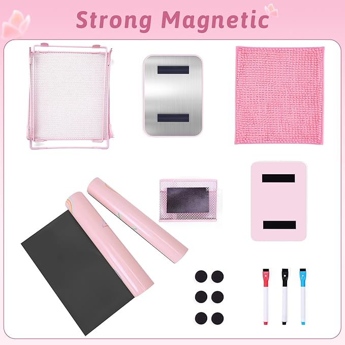 HAUTOCO 16 Pcs Locker Accessories for Girls Pink Locker Organizer Decorations with Shelf, Rugs, Magnetic Wallpaper, Whiteboard, Mirror, Markers, Pen Holder, Magnets, Back to School Work Essentials