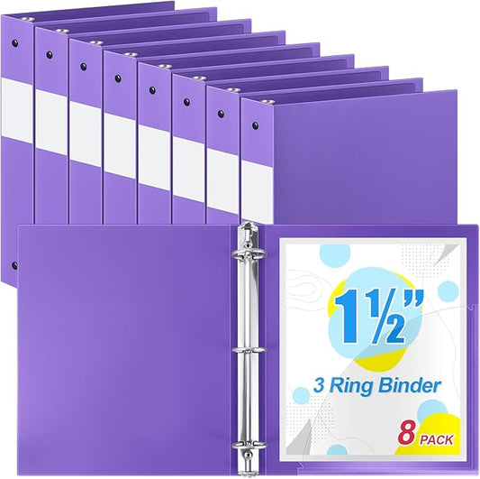 Henoyso 8 Pcs 3 Ring Binder 1.5 Inch Plastic Flexible Round Binder Fits Letter Size 8.5 x 11 Inch Paper Holds 300 Sheets with 1 Pockets for Office School (Purple)