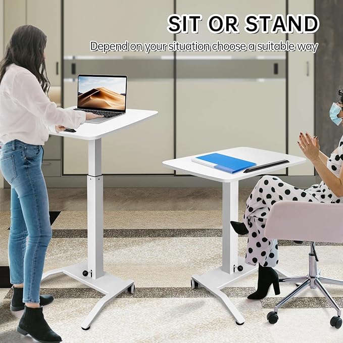 Mobile Standing Desk with 45° Tilting Desktop, Portable Rolling Standing, Height Adjustable Sit Stand Foldable with Wheels, Mobile Desk Workstation for Home Office (White, Small)