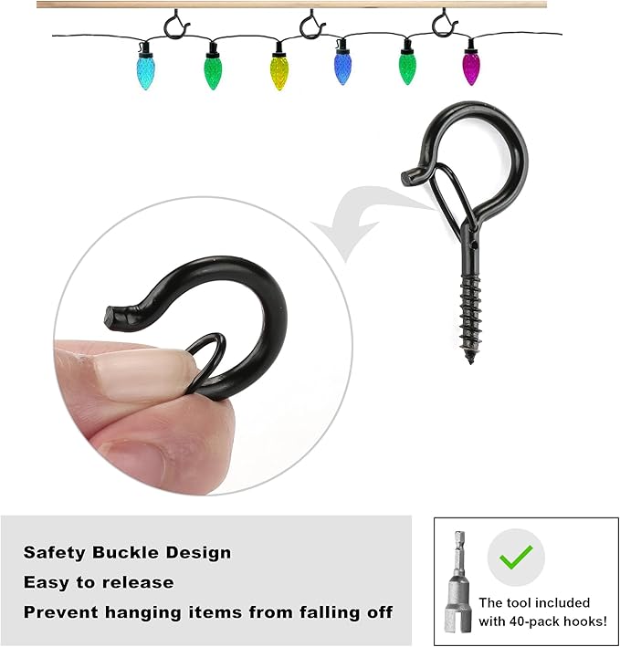 PlusRoc 40 Pack Ceiling Hooks for Hanging Plants, String Lights, Heavy Duty Outside Screw in Q-Hanger, 2.2 Inch Black Cup Hooks, Wall Ceiling Deck Mount