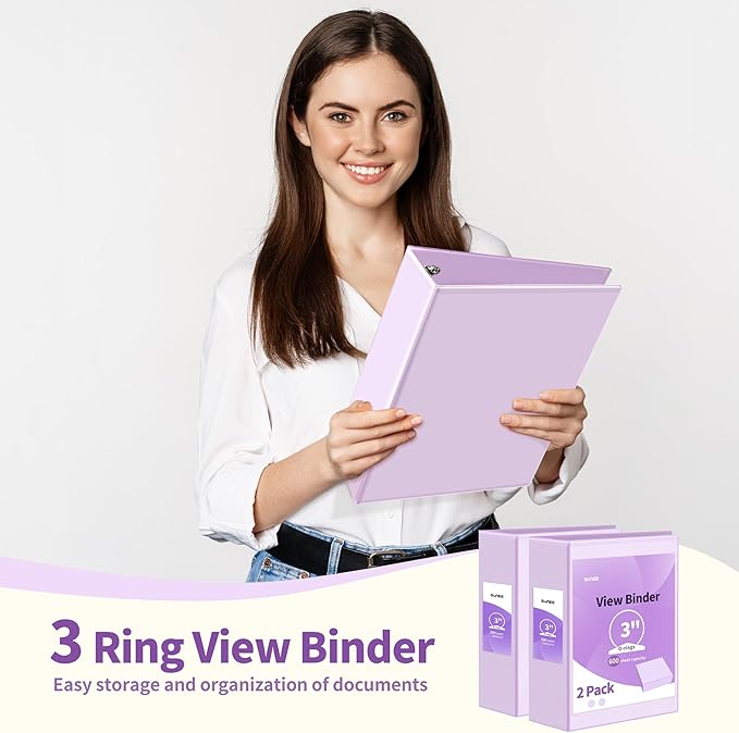 SUNEE 3 Ring Binder 1 Inch 2 Pack, Clear View Binder Three Ring PVC-Free (Fit 8.5x11 Inches) for School or Office Supplies, Purple