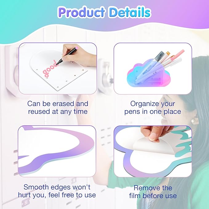 MoKo Locker Accessories Set, 5 in 1 Back to School Supplies College Essentials Includes Magnetic Acrylic Board, Locker Mirror, Markers Holder, Marker Pens and Locker Magnets, Heart Shape