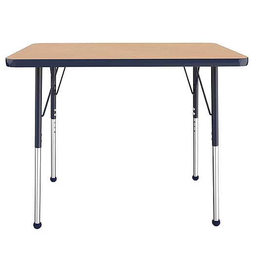Factory Direct Partners FDP Rectangle Activity School and Office Table (24 x 36 inch), Standard Legs with Ball Glides, Adjustable Height 19-30 inches - Maple Top and Navy Edge