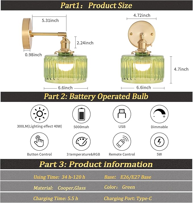 Vintage Battery Operated Wall Sconce with Green Striped Glass Lampshade 5000 mAh Rechargeable Battery Powered Wall Light with Remote Control for Bedside Bedroom Doorway, Set of 2