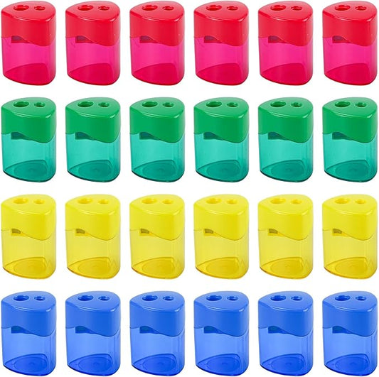 AUSTARK 24Pcs Pencil Sharpener Manual, Assorted Color Small Dual Hole Pencil Sharpeners Bulk with Lid for School Office Home (Triangle-24)