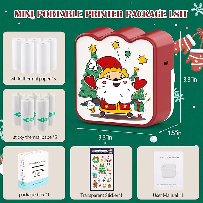 Christmas Mini Photo Printer - Portable Pocket Sticker Printers for iPhone Thermal Printer with 10 Rolls Thermal Paper for Photo, Memo, Journal - Red
