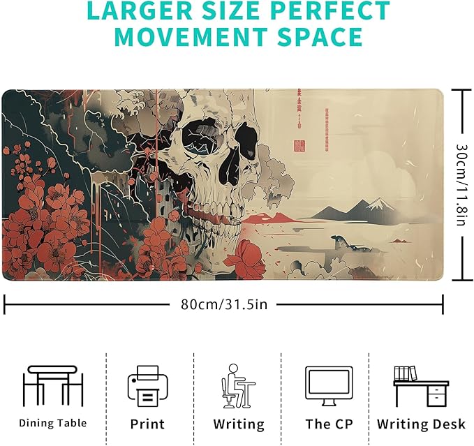 Japanese Ukiyo-e XL Anime Big Mouse Pads Large Skull Gaming Mouse Pad for Men Desk Pad with Stitched Edges Non-Slip Large Computer Mat, 31.5x11.8 in