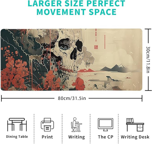 Japanese Ukiyo-e XL Anime Big Mouse Pads Large Skull Gaming Mouse Pad for Men Desk Pad with Stitched Edges Non-Slip Large Computer Mat, 31.5x11.8 in