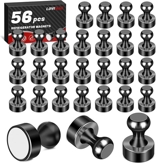 LOVIMAG Refrigerator Magnets, 56 Pcs Fridge Magnets Black Strong Magnet for Whiteboard, Small Neodymium Magnet for Fridge, Push Pins Magnetic Ideal for Kitchen, Office, Map Decorative