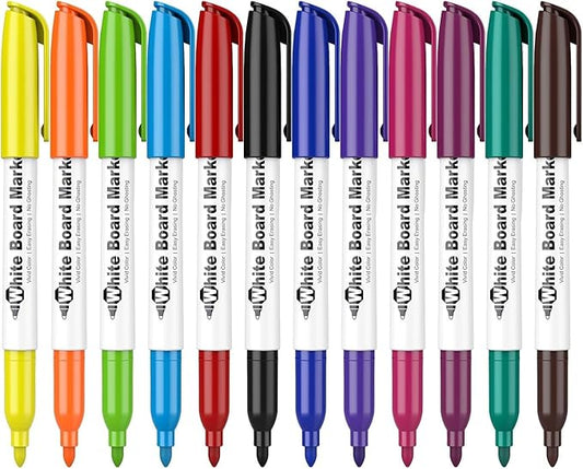 SFAIH Fine Tip Dry Erase Markers - 12 Pack Colored Whiteboard Erasable Markers Bulk for Kids Adults, Ideal for Classroom School Office Home Use on White Board, Non-Toxic Easy Clean