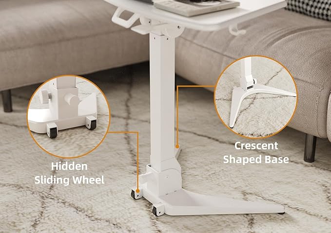 Claiks Mobile Standing Desk, Portable Rolling Workstation With Wheels, Pneumatic Height Adjustable Sit-Stand With 90 Tiltable, Foldable Non-Slip Computer Stand, White