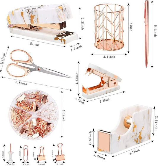 Rose Gold Marble Desk Accessories, Office Supplies Set Stapler Staple Remover, Tape Holder, Pen 2 Ballpoint Pen, Scissor, Binder Clips, Paper Clips and 1000pcs Staples