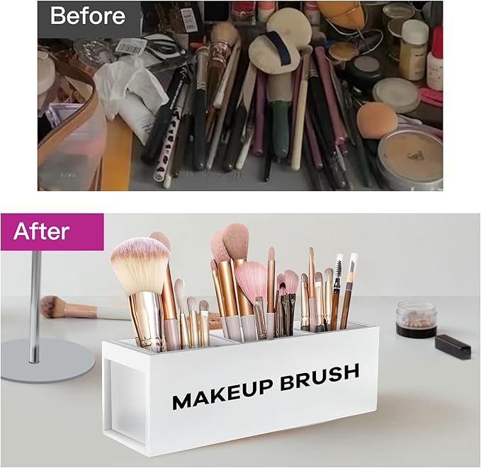 Suli Large Makeup Brush Holder Organizer, Wooden Cosmetic Brushes Storage with 3 Slots, Eyeliners Display Case for Vanity Desktop Bathroom Countertop -White