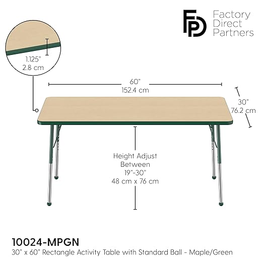 FDP Rectangle Activity School and Office Table (30 x 60 inch), Standard Legs with Ball Glides, Adjustable Height 19-30 inches - Maple Top and Green Edge