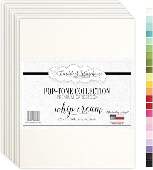 Cardstock Warehouse Pop-Tone Whip Cream Card Stock Paper - 50 Sheets, 8.5 x 11" - 65 lb / 175 GSM Premium Cream Card Stock for Die-cutting, Crafts, Printing, Card Making and DIY Projects