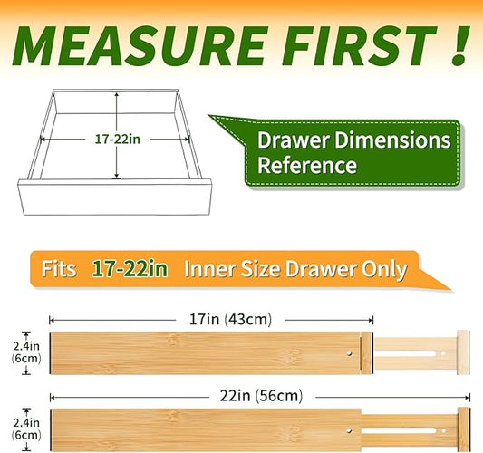 Bamboo Drawer Organizers 4 Pack, 17-22" Adjustable Spring Loaded Dividers for Kitchen Utensils, Silverware, Clothes, Dresser, Bathroom and Office Storage