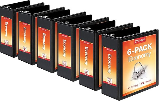 Cardinal Economy 3-Ring Binders, 4", Slant-D Rings, Holds 835 Sheets, Black, Case of 6 & Economy 3-Ring Binders, 2", Round Rings, Holds 475 Sheets, Black, Carton of 12