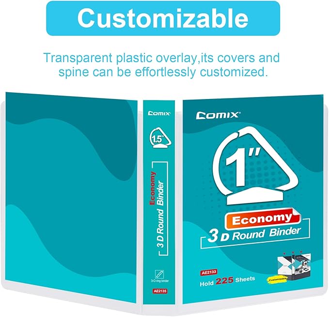 COMIX 3 Ring Binder,1.5 inch Slant-D Clear View Cover with Pockets, Holds 350 Sheets of US Letter Size Paper, Black Binder for School Office and Home, 6 Pack