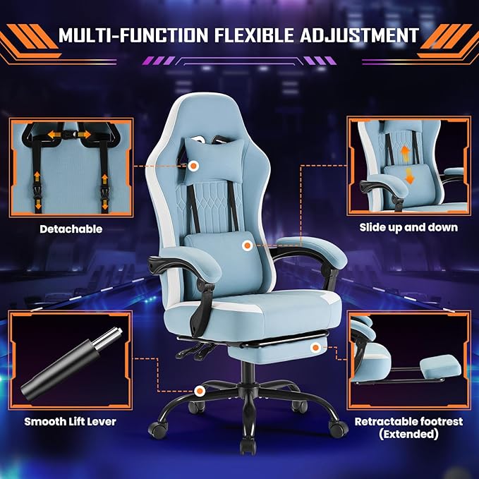 Sweetcrispy Computer Gaming Chair - High Back Ergonomic Desk Chair with Footrest and Lumbar Support, Height Adjustable Task Chair with Linkage Armrests and Headrest, 360° Swivel Wheels, Blue