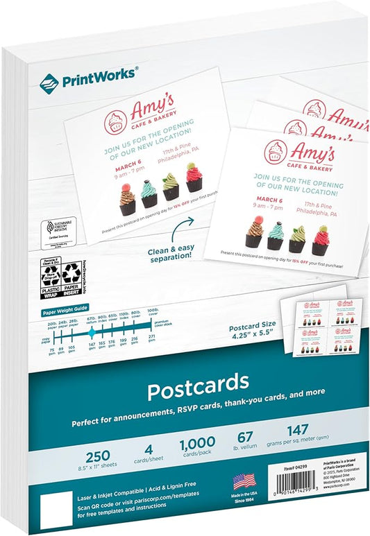 PrintWorks Blank Printable Postcards for Mailing & Printing - 1000 Cards (4.25" x 5.5" Post Card Size) - 4 per Sheet - 250 Sheets (8.5” x 11”) - Made in the USA - No Envelope Needed - White (04299)