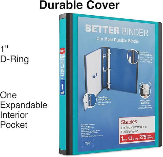 Staples Better 1-Inch, 3-Ring View Binder, Holds up to 275 Sheets, 1 Interior Pocket, Perfect 3-Ring Binder for Reports (Teal)