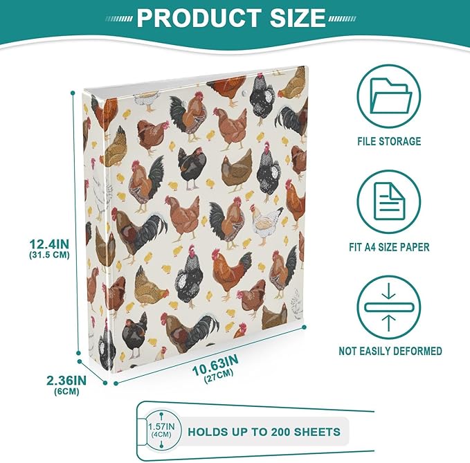 Retro Chickens Decorative 3 Ring Binder 2 Inch Large View Binders with Pockets File Organizer for Office College School, 1Pack