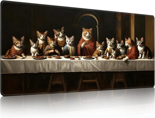 Artistic Cat Last Supper Mouse Pad, Adorable Cats in Religious Scenario Mousepad - Large Non-Slip Desk Mat for Office, PC, Laptop - 35.5"x15.7" x 3mm