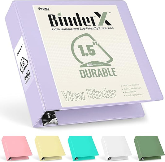 Sooez BinderX Extra Durable 1.5 Inch 3-Ring Binder, Holds 400 Sheets of 8.5x11 Paper, Customizable View Cover with Inside Pockets, Heavy Duty Binder for School, Lavender