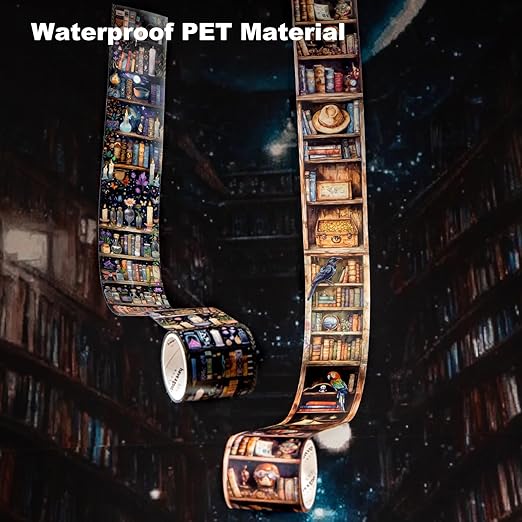 6 Rolls Dark Magic Bookcase PET Tape Set with Clip, Waterproof Gothic Scrapbook Sticker Rolls for Journaling, Bullet Diary, and Ephemera Craft Supplies