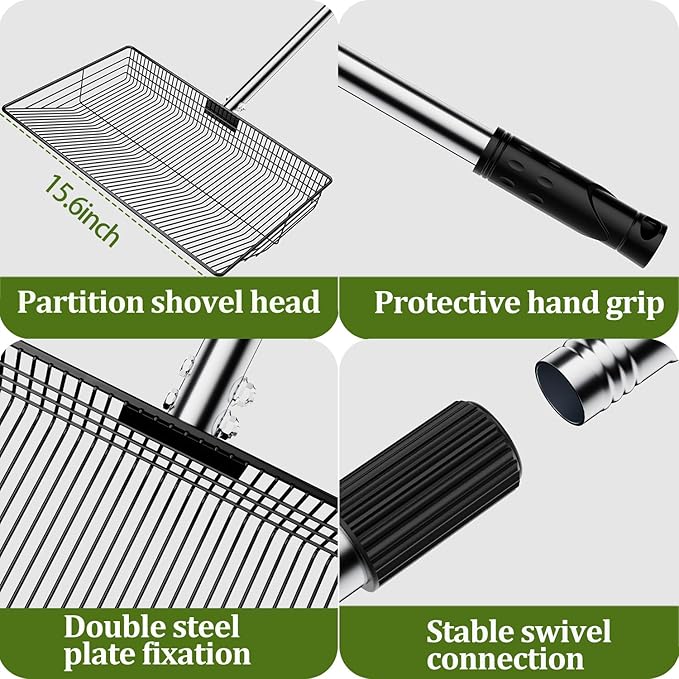 Chicken Coop Scoop, Chicken Scooper for Poop and Poop Rake, 15" Extra Large Poop Shovel with 24-68" Stainless Handle, Heavy Duty Chicken Coop Cleaning Tools for Sifting Litter in Coops