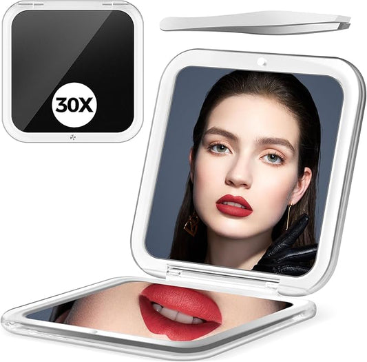 Compact Mirror, 30X Magnifying Mirror, Square Travel Makeup Mirror, 3.3x3.3 inch Small Pocket Mirror, Women's Magnetic Portable Mirrors with Precision Tweezers, Black