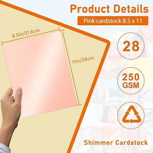 28 Sheets Pink Shimmer Cardstock 8.5 x 11 Craft Paper, 92lb Heavyweight Paper Card Stock for Wedding Invitations, Greeting Cards, Making Cards, Anniversaries