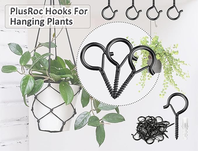 PlusRoc 20 Pack Screw Hooks for Hanging Plants Outdoor Lights, Heavy Duty 2.2 Inch Black Eye Hook Screw Cup Ceiling Hook Q-Hanger for String Lights, Wall Wood Ceiling Deck Mount