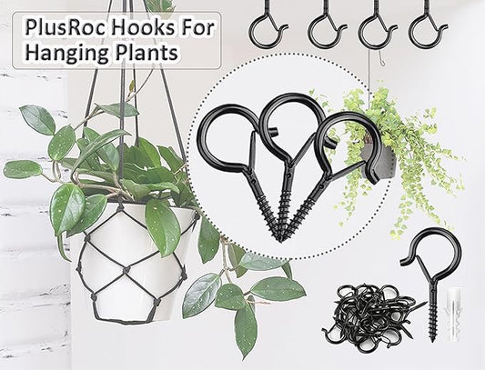 PlusRoc 60 Pack Ceiling Hooks for Hanging Plants Outdoor String Lights, Q-Hanger Screw in Hooks for Hanging, 2.2 Inch Black Cup Hook Eye Hooks Outside Patio, Wall Wood Ceiling Deck Fence Mount