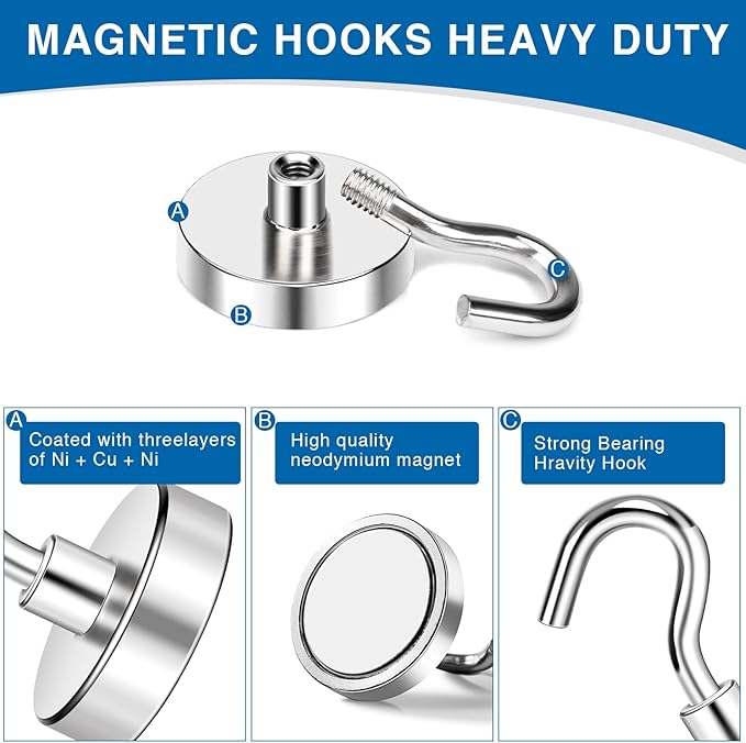 LOVIMAG Strong Magnetic Hooks, 40LBS Neodymium Magnets with Hooks Magnetic Hooks Cruise for Refrigerator, Powerful Magnet Hooks Magnetic Hanger for Hanging, Grill, Locker,Kitchen, Metal Door-12 Pack