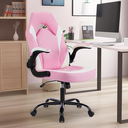 DUMOS Gaming Ergonomic Office Chair for Adults, Height Adjustable Computer Desk Chair with Flip-up Armrests, PU Leather Swivel Video Game Chair with 360° Rolling Wheels, Pink