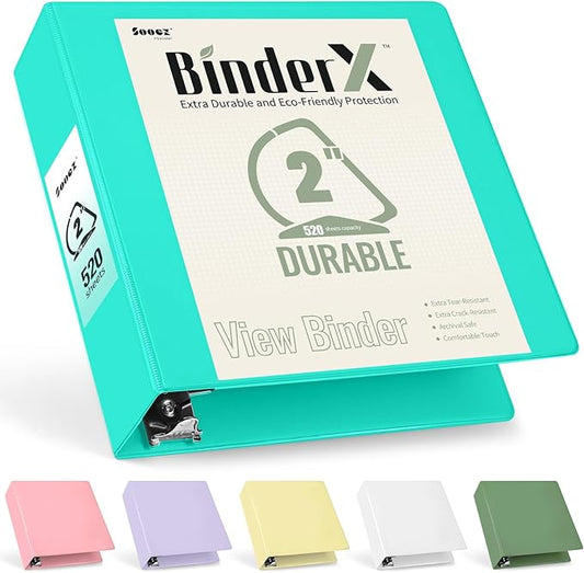 Sooez BinderX Extra Durable 2 Inch 3-Ring Binder, Holds 520 Sheets of 8.5x11 Paper, Customizable View Cover with Inside Pockets, Heavy Duty Binder for School, Teal